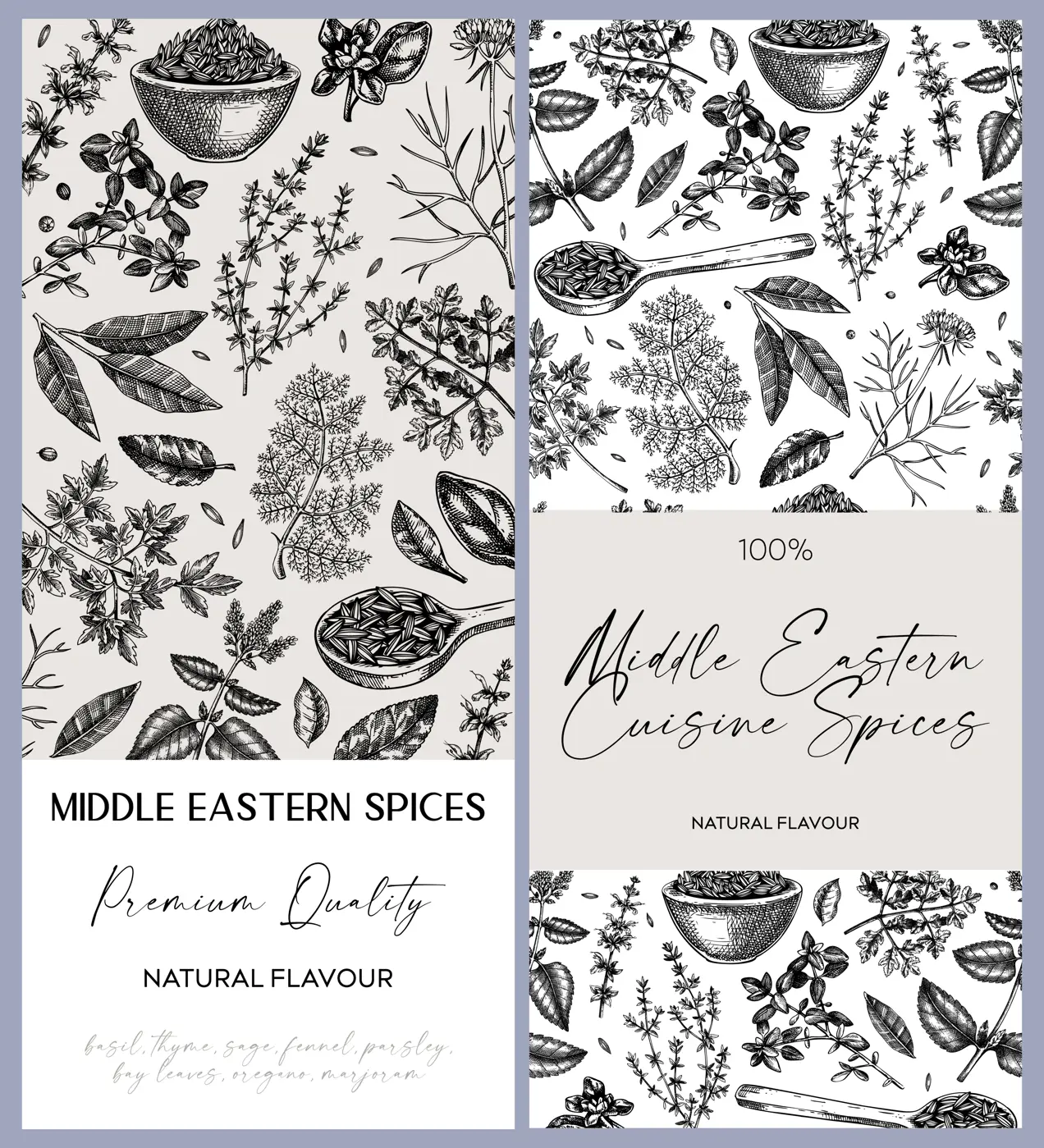Middle Eastern spice label design set. Basil, mint, rosemary, parsley, sage, bay leaf, fennel  sketches. Herbs hand-drawn vectot illustration. Vintage spice templates. NOT AI generated Illustration
